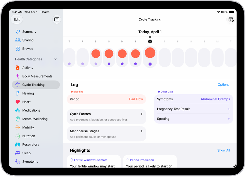 The Cycle Tracking screen showing the timeline for a week at the top of the screen. Solid red circles and purple dots mark the first 5 days on the timeline. Below the timeline are options to add information about periods, symptoms, and more.