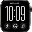 The Siri Modular watch face. The date appears at the top of the screen, followed by the time. Workout, Siri, and Music complications appear at the bottom of the screen.