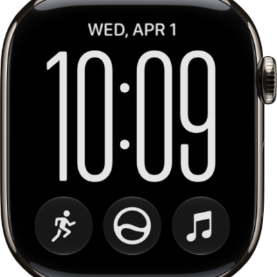 The Siri Modular watch face. The date appears at the top of the screen, followed by the time. Workout, Siri, and Music complications appear at the bottom of the screen.