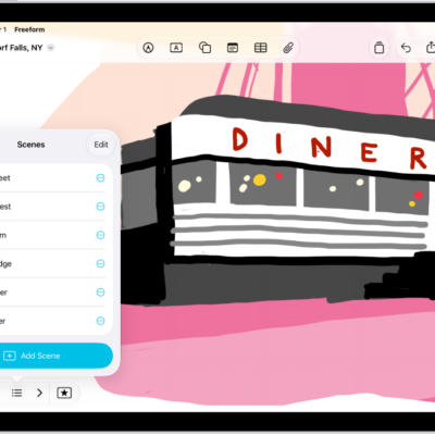 A Freeform board with the Scene Navigator open and several saved scenes.