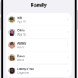 The Family Sharing screen in Settings. Five family members are listed with recommendations for the family.