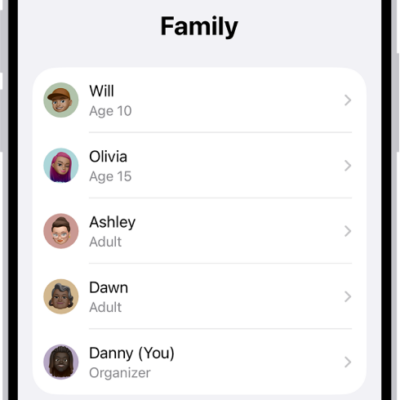 The Family Sharing screen in Settings. Five family members are listed with recommendations for the family.
