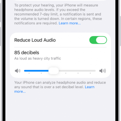 The Headphone Safety screen, showing the number of headphone notifications sent in the last 6 months, the Reduce Loud Audio option, a slider for changing the maximum decibel level, and the selected decibel limit of 85 decibels.