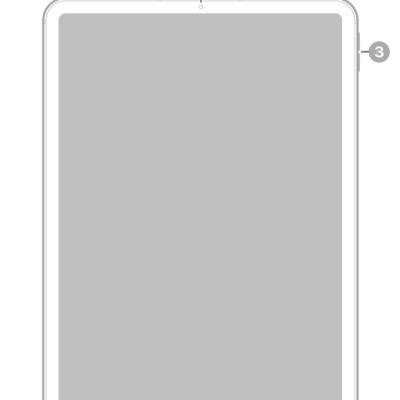 The front view of iPad Pro with callouts to the front camera at the top center, the top button at the top right, and the volume buttons on the right.