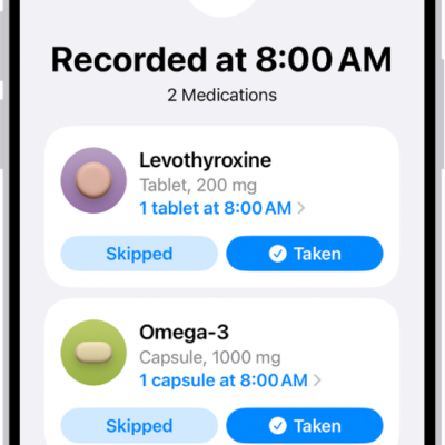 The Medications screen in Health showing a log of medications.