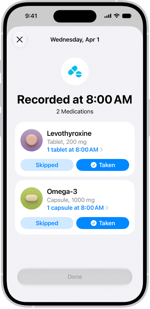 The Medications screen in Health showing a log of medications.