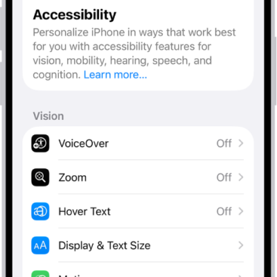 The Accessibility screen in Settings showing the built-in features for Vision support.