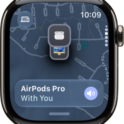 A Find My screen showing the location of AirPods Pro on a map.