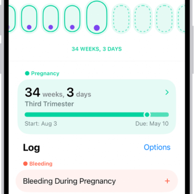 The Cycle Tracking screen with a pregnancy timeline for a week at the top of the screen. Light green ovals and purple dots mark 5 days on the timeline. Dashed light green ovals mark the other days on the timeline. Below the timeline is the pregnancy summary showing the gestational age, start date, and estimated due date. Below the pregnancy summary are options to add information about bleeding during pregnancy, symptoms, and more.