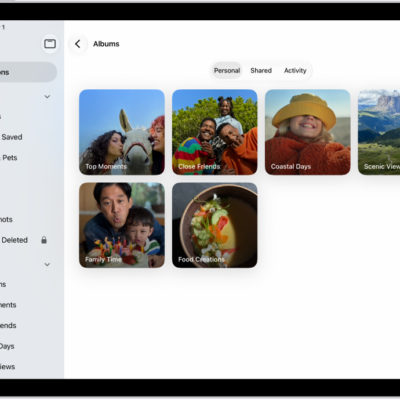 The Photos app is open to Albums. Personal is selected. The rest of the iPad screen shows thumbnails for albums in a grid.