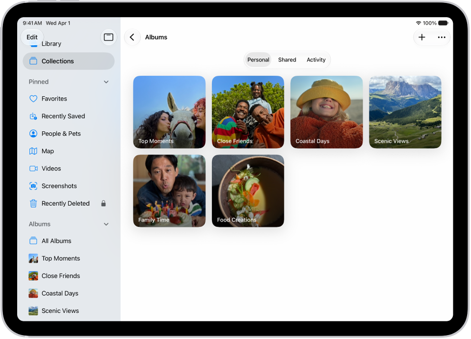 The Photos app is open to Albums. Personal is selected. The rest of the iPad screen shows thumbnails for albums in a grid.