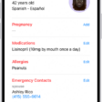 A Medical ID screen containing information including birth date, medications, allergies, emergency contacts, and medical conditions.
