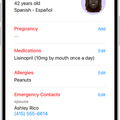 A Medical ID screen containing information including birth date, medications, allergies, emergency contacts, and medical conditions.