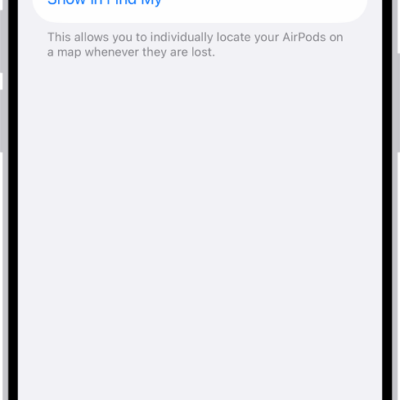 Bluetooth settings on an iPhone showing options for AirPods Pro. The Find My Network option is on, which allows AirPods to be located individually on a map whenever they're lost.