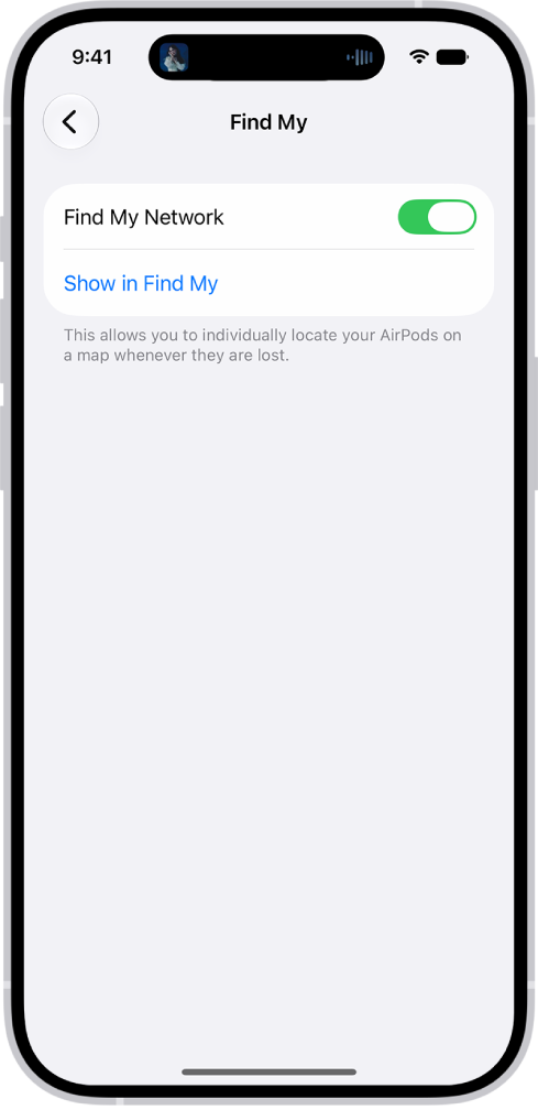 Bluetooth settings on an iPhone showing options for AirPods Pro. The Find My Network option is on, which allows AirPods to be located individually on a map whenever they're lost.