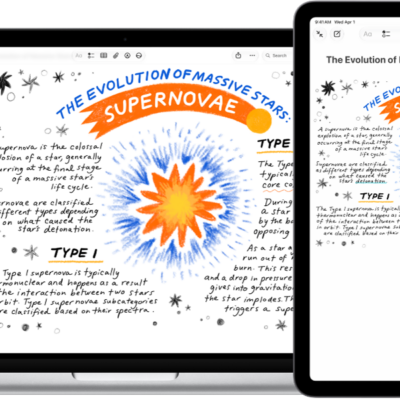 An iPad showing a sketch, next to a Mac where the sketch appears in a note.