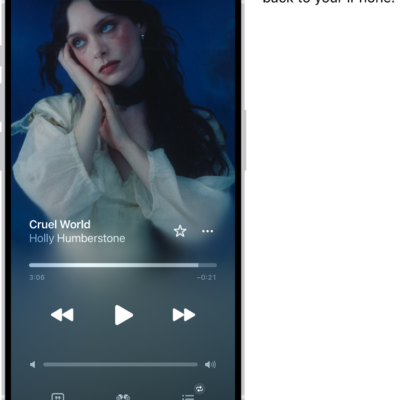 The Lock Screen on iPhone with a message at the top reading "Moved to Mac" and a button to switch the AirPods back to iPhone.