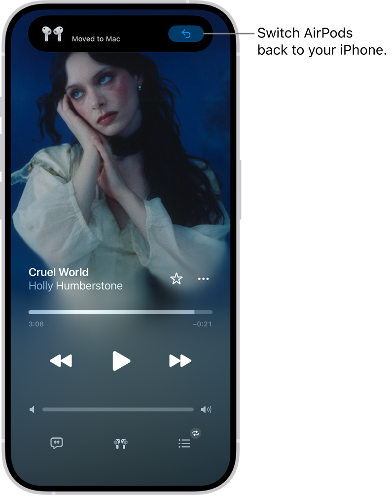 The Lock Screen on iPhone with a message at the top reading "Moved to Mac" and a button to switch the AirPods back to iPhone.