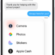 A list of features that appears after tapping the Add button in a Messages conversation.