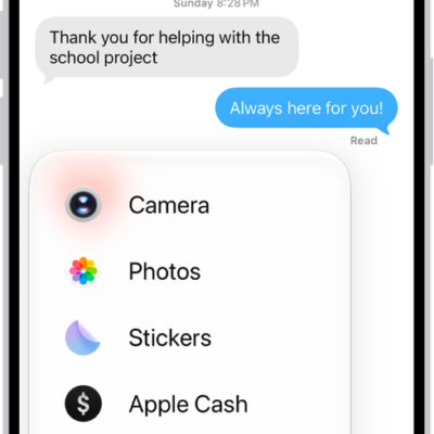 A list of features that appears after tapping the Add button in a Messages conversation.