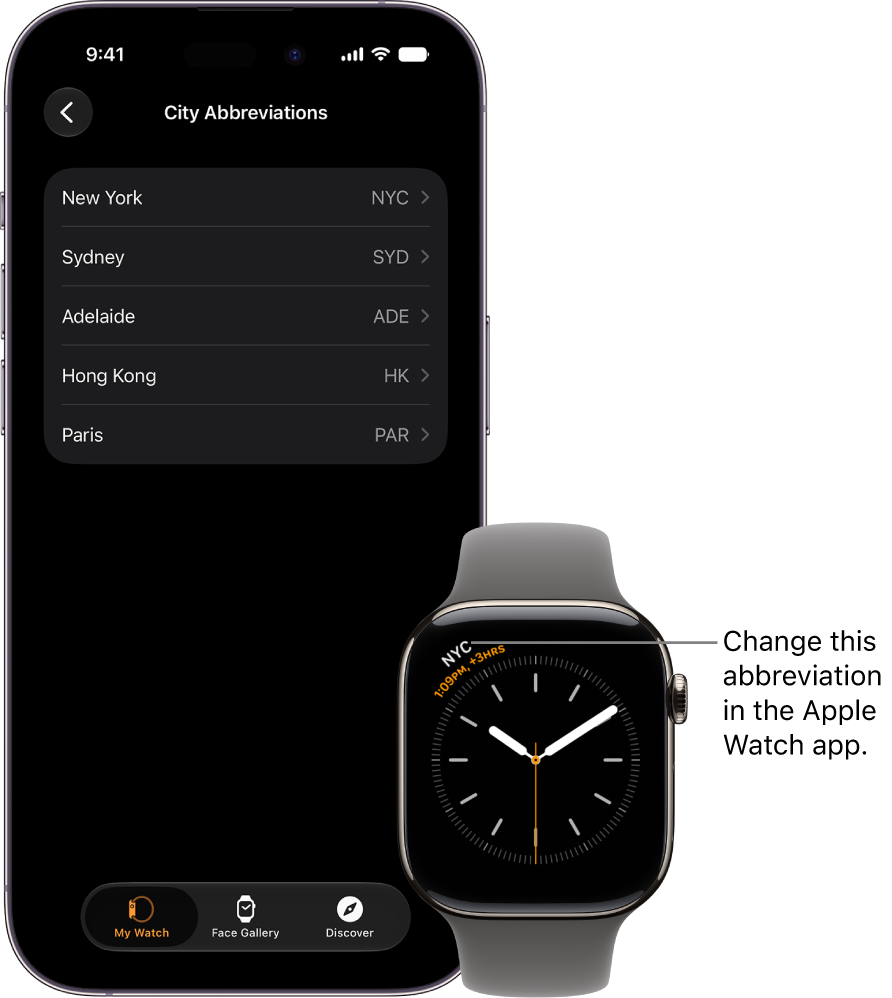 An iPhone and Apple Watch, side by side. The Apple Watch screen shows the time in New York City, using the abbreviation NYC. The iPhone screen shows the list of cities in Clock settings in the Apple Watch app.