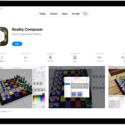 The information page for an app in the App Store. The page shows the Get button, ratings, age ratings, the developer, screenshots, and more. At the top center, from left to right, are the following buttons: Today, Games, Apps, Arcade, and Search.