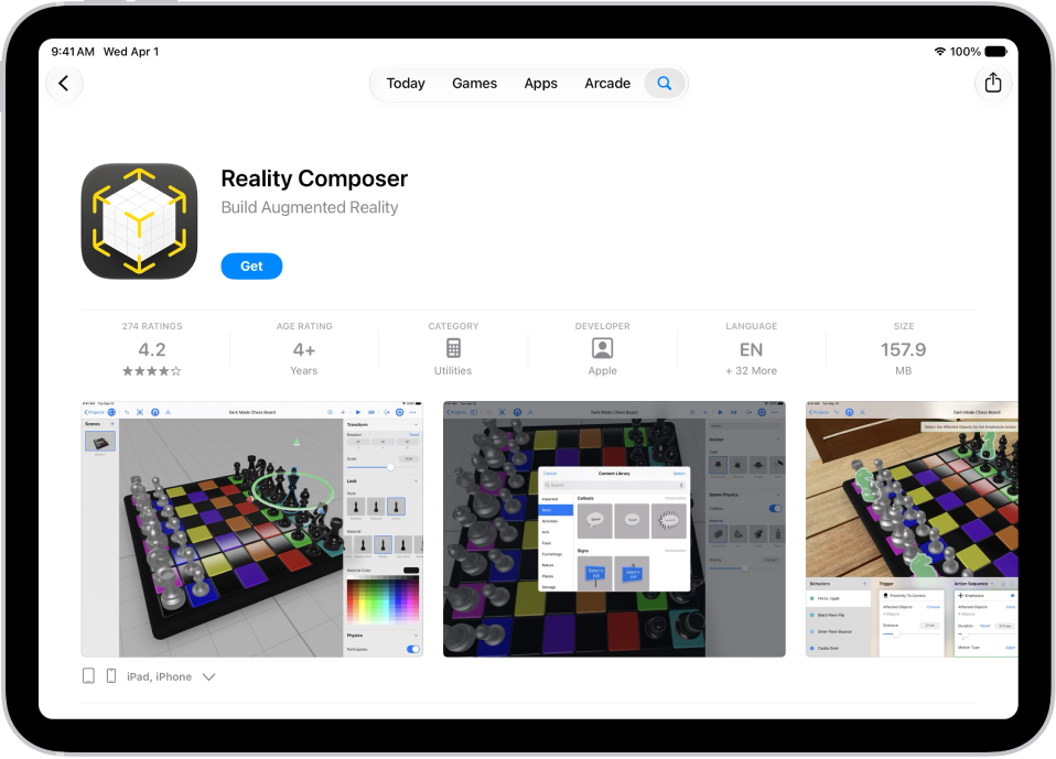 The information page for an app in the App Store. The page shows the Get button, ratings, age ratings, the developer, screenshots, and more. At the top center, from left to right, are the following buttons: Today, Games, Apps, Arcade, and Search.