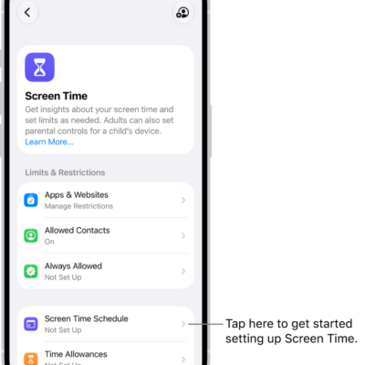 An image of Screen Time in Settings with options to set up Screen Time Schedules, Time Allowances, and more.