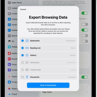 The Export Browsing Data screen, showing the data you can export from Safari to another browser.
