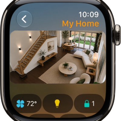The Home app screen showing four camera views. Along the bottom are buttons for climate controls, lighting accessories, and locks.