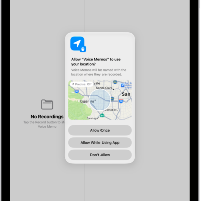 A request from an app to use location data on iPad. Options are Allow Once, Allow While Using App, and Don't Allow.