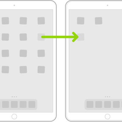 Jiggling apps on the Home Screen with an arrow showing one app being dragged to the next page.