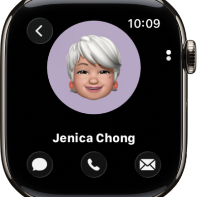 The Contacts app showing a contact. The contact's picture is in the middle of the screen with the name below. Phone, Messages, and More Options buttons appear below. A Back button is at the top left.