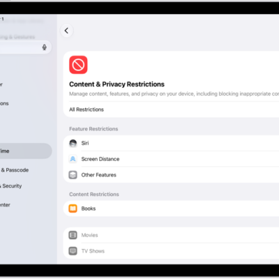 The Content and Privacy Restrictions screen in Screen Time, showing different Feature and Content Restrictions.