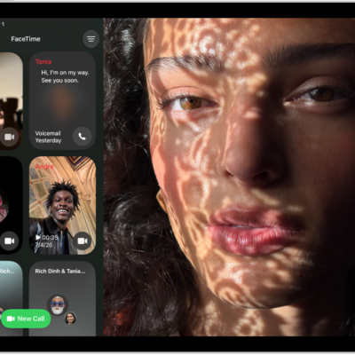 The FaceTime call history, showing a Group FaceTime call, an audio call, a video message, an audio message, and a link to a FaceTime call.