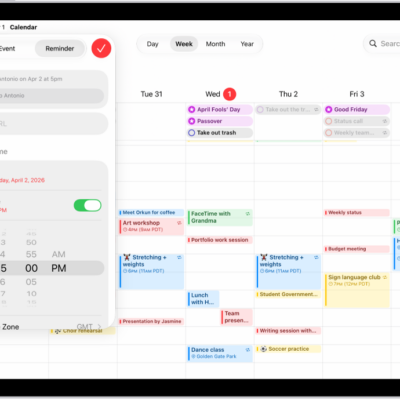 A calendar in Week view showing the create reminder window.
