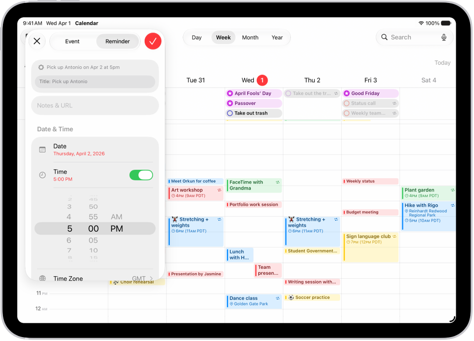A calendar in Week view showing the create reminder window.