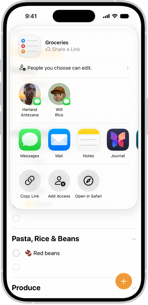A Reminders screen showing a grocery list with options for sharing at the bottom.
