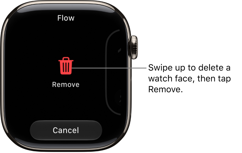 The Apple Watch screen showing Remove and Cancel buttons, which appear after you swipe to a watch face, then swipe up on it to delete it.