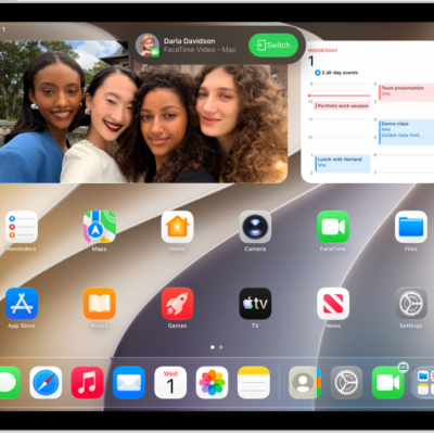 The iPad Home Screen showing a FaceTime video call notification from an iPhone at the top. Tap Switch to move the call to your iPad.