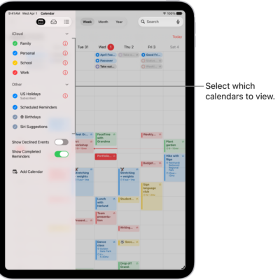 The Calendars list, with checkmarks indicating which calendars are active. The Done button for closing the list is in the top-right corner. The Add Calendar button is in the bottom-left corner.