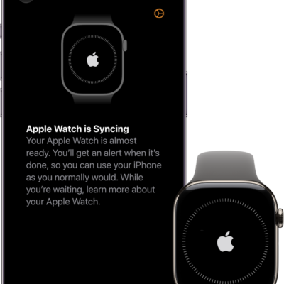 An iPhone and Apple Watch, side by side. The iPhone screen shows "Apple Watch is Syncing." The Apple Watch shows syncing progress.