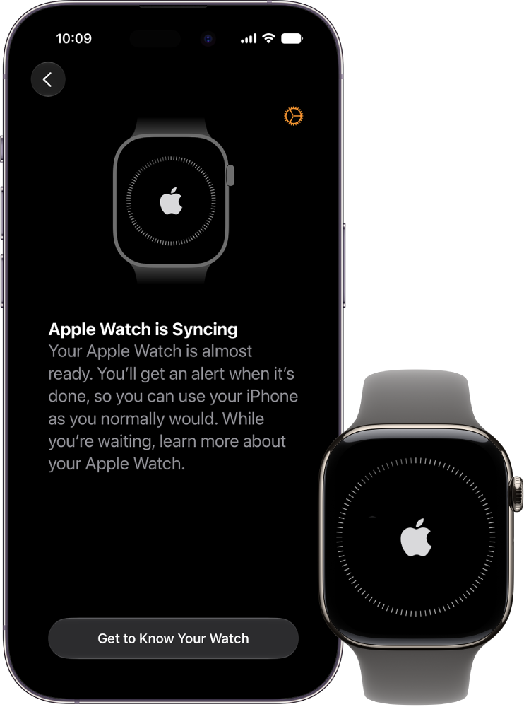 An iPhone and Apple Watch showing their syncing screens.