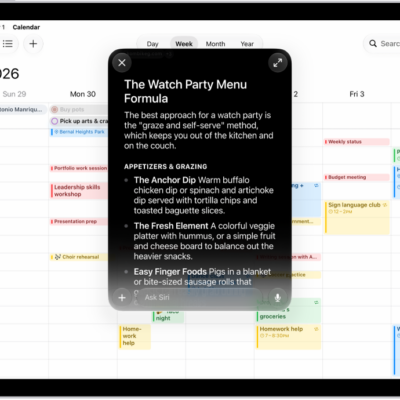An iPad showing Siri answering a request to plan a menu based on a calendar event.
