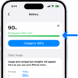 The charging information card in iPhone Battery settings. The card shows the battery at 90% with the message “Charged to 90% Limit.” A button provides the option to “Charge to 100%.