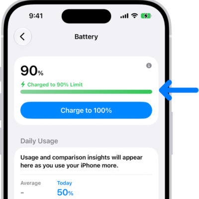 The charging information card in iPhone Battery settings. The card shows the battery at 90% with the message “Charged to 90% Limit.” A button provides the option to “Charge to 100%.