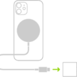 An illustration showing one end of MagSafe Charger attached to the back of iPhone and the other end connecting to a power adapter.