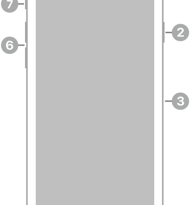 The front view of iPhone SE (2nd generation). The front camera is at the top, to the left of the speaker. On the right side, from top to bottom, are the side button and the SIM tray. The Home button is at the bottom center. The Lightning connector is on the bottom edge. On the left side, from bottom to top, are the volume buttons and the Ring/Silent switch.