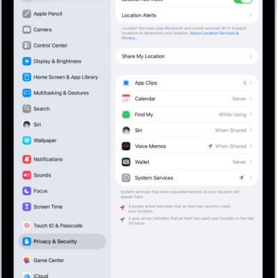 The Location Services screen, with settings to share the location of your iPad with apps.