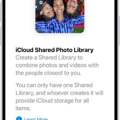 An iPhone showing the Get Started Screen for creating an iCloud Shared Photo Library.